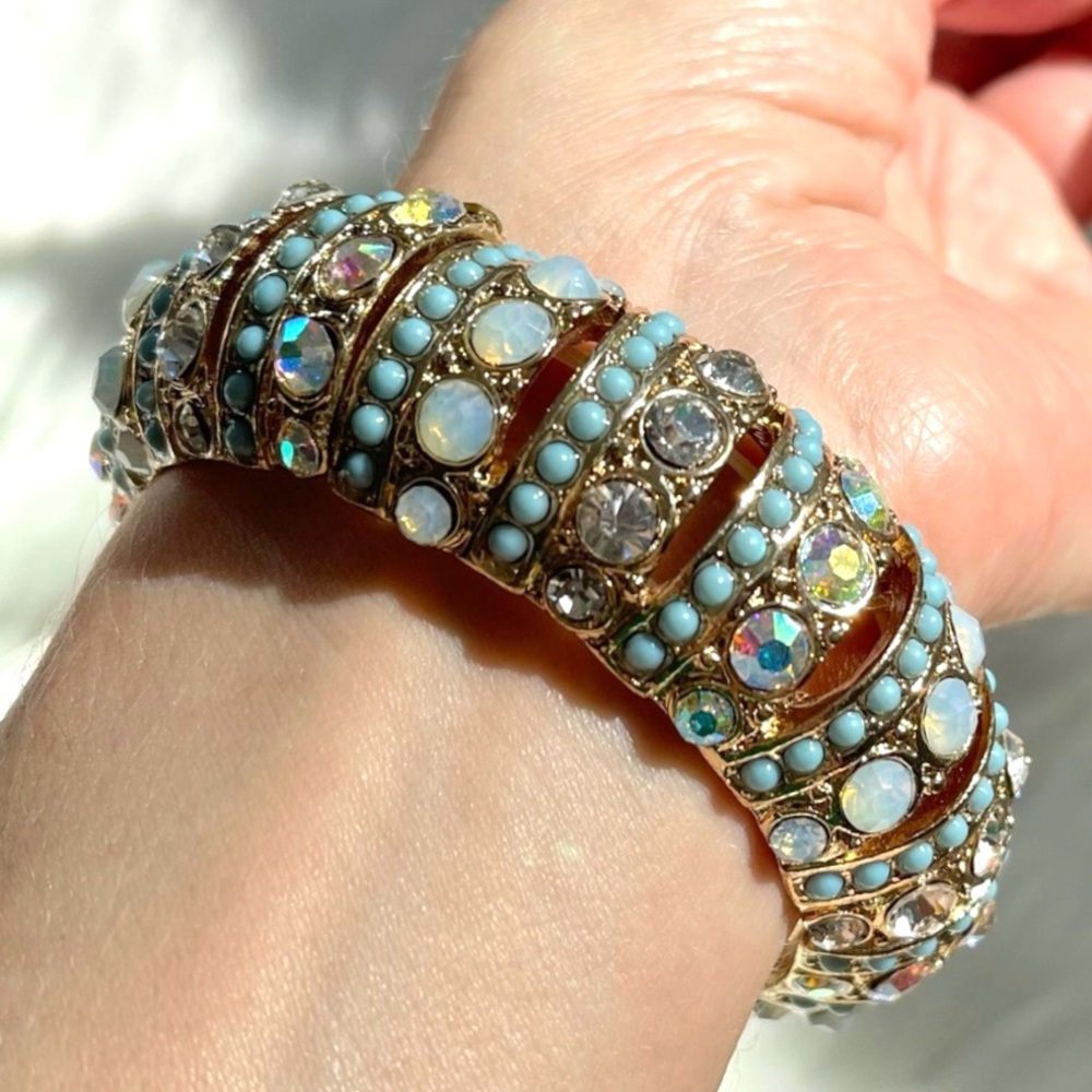 Elegant Aqua Beaded & Rhinestone Encrusted Gold Tone Bracelet